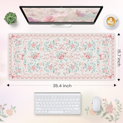 HAOCOO Pink Desktop Mat with Bow, Cute Large Mouse Pad for Office, Non-Slip Waterproof Desk Pad for Keyboard and Mouse, Floral Aesthetic Desktop Mat, Girly Home & Cubicle Supplies