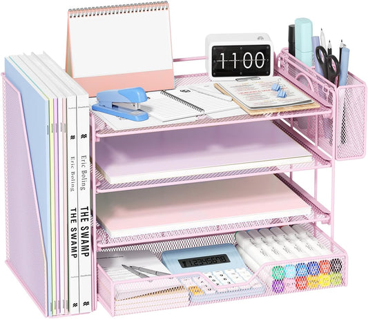OPNICE 4-Tier Desk Organizer with Drawer & Pen Holder, Office Desk Accessories and Office Decor for Women, Paper Tray File Organizer for Home Office Workspace Supplies, Pink