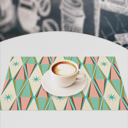 Mid Century Abstract Placemat Set of 6, 12x18 Inch Retro Pink Green Atomic Star Geometric Pattern 1950s Groovy Modern Style Coffee Table Mats for Outdoor Farmhouse Kitchen Dining Table Decoration