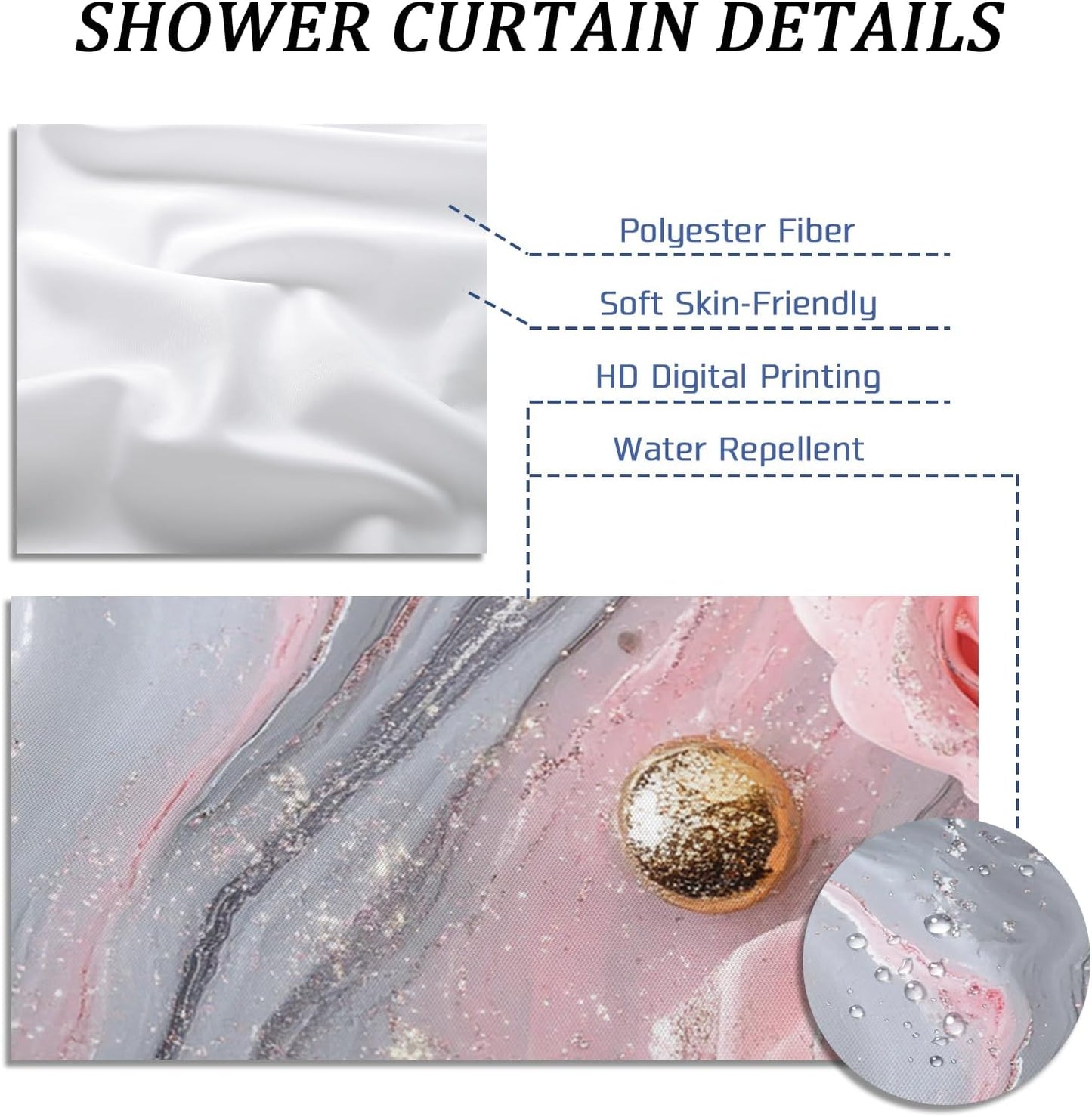 Peach Marble Shower Curtain, Luxury Abstract Modern Shower Curtains for Bathroom, 3D Contemporary Print Bath Decor Accessories Set -62 * 72