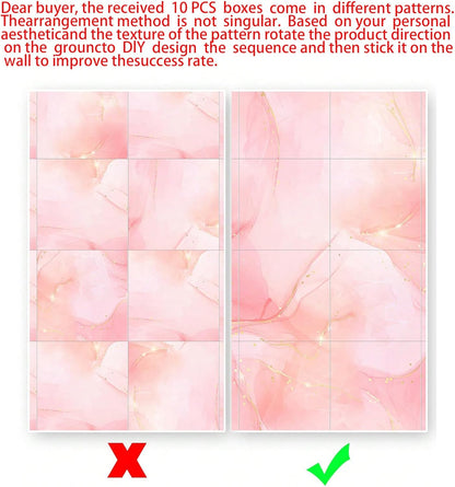 Chejiaye 10pcs Marble Peel and Stick Backsplash Waterproof Washroom Wall Panels, Peel and Stick Tile, PVC Foam Wall Panels for Kitchen,Bathroom,Living Room,Pink Wallpaper(Not Real Tile,11.8" x 11.8")