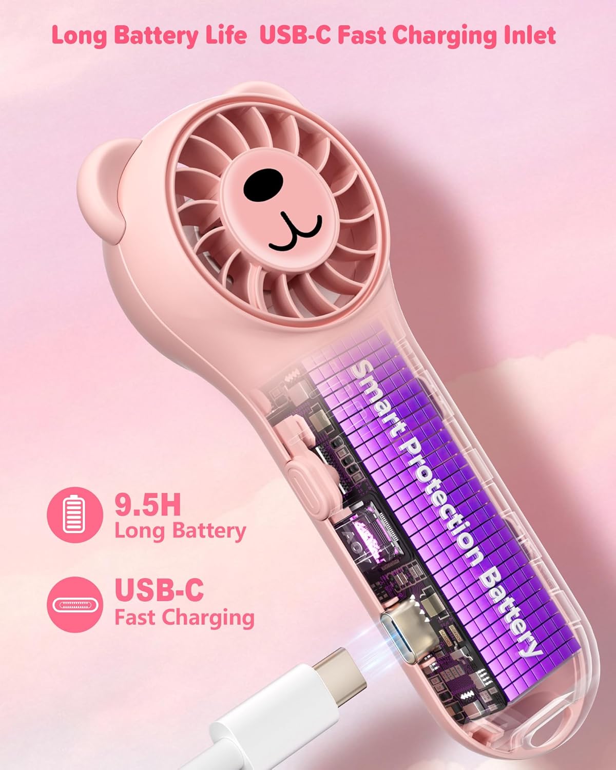 Portable Handheld Fan, Cute Bear Mini Fan with 11000 RPM High Speed, Rechargeable Personal Fan with 4 Speeds, Pocket Small Fan for Travel, Makeup, Lash, Gifts for Women Girl - Pink