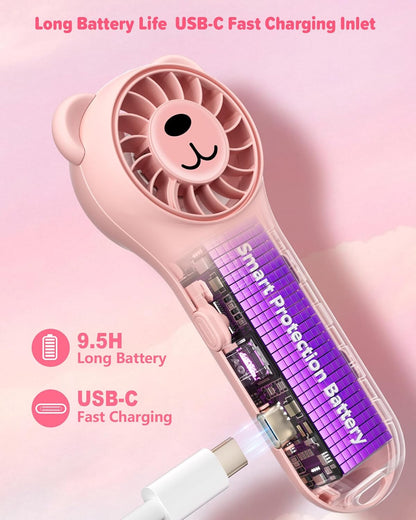 Portable Handheld Fan, Cute Bear Mini Fan with 11000 RPM High Speed, Rechargeable Personal Fan with 4 Speeds, Pocket Small Fan for Travel, Makeup, Lash, Gifts for Women Girl - Pink