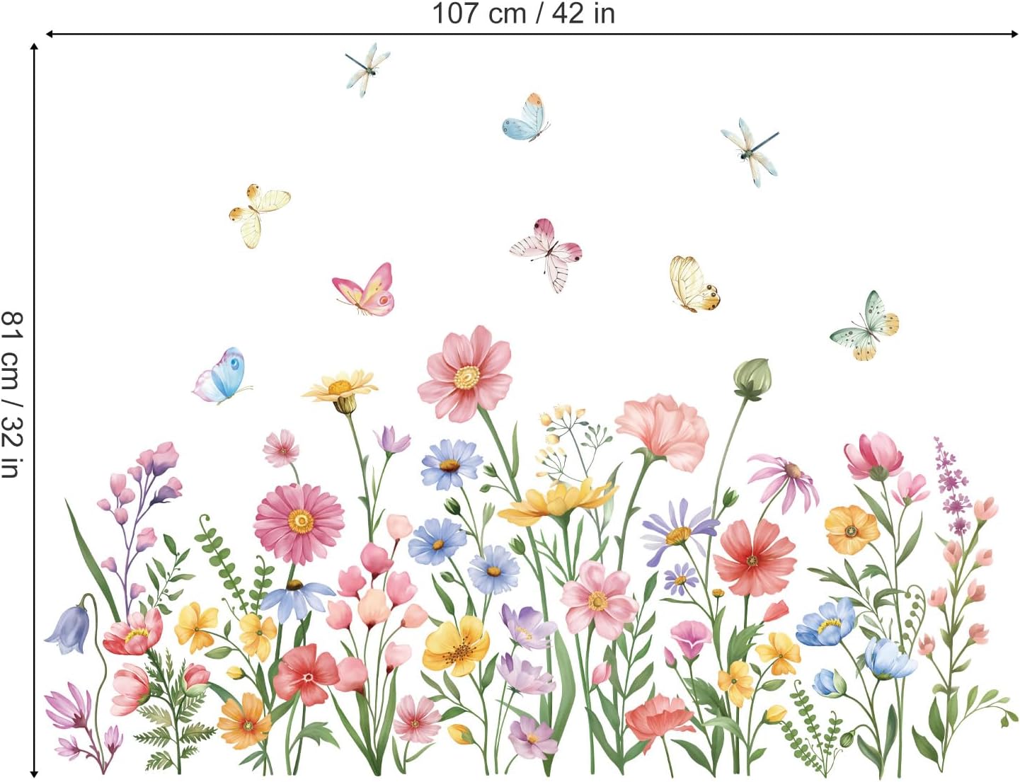 wondever Pink Wildflower Wall Stickers Garden Flower Daisy Butterflies Floral Botanical Wall Art Decals for Bedroom Living Room Sofa