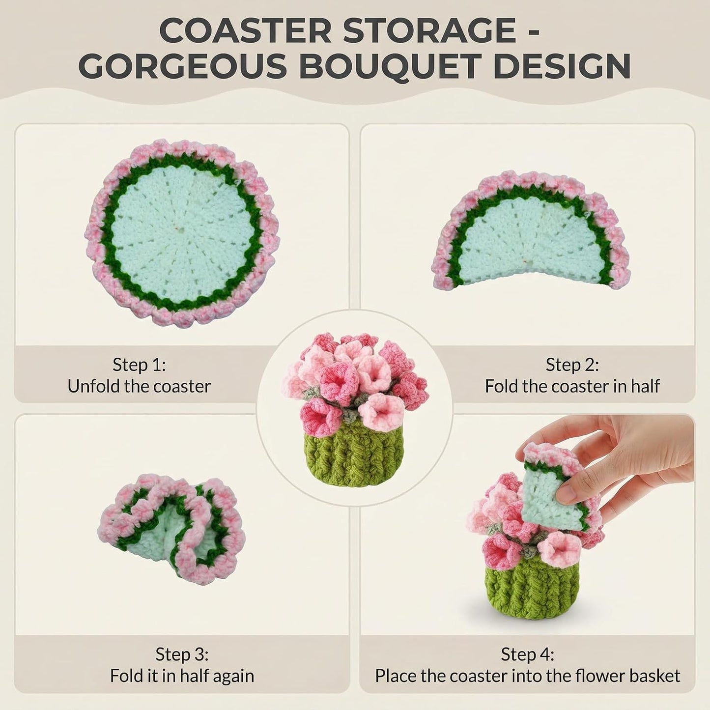 Handmade Crochet Lily Coaster Pink Foldable Flower Design with Pot Transforms from Drink Protection to Decorative Display for Kitchen Table Home Office Gift