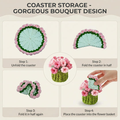 Handmade Crochet Lily Coaster Pink Foldable Flower Design with Pot Transforms from Drink Protection to Decorative Display for Kitchen Table Home Office Gift