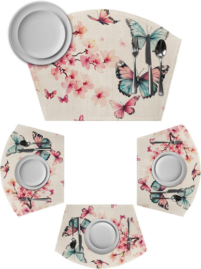 Round Table Placemats Set of 2, Retro Peach Blossom Butterfly Wedge Table Mat Washable Placemat, Animal Plants on Linen Fan Shape Place Mats for Kitchen Indoor Outdoor