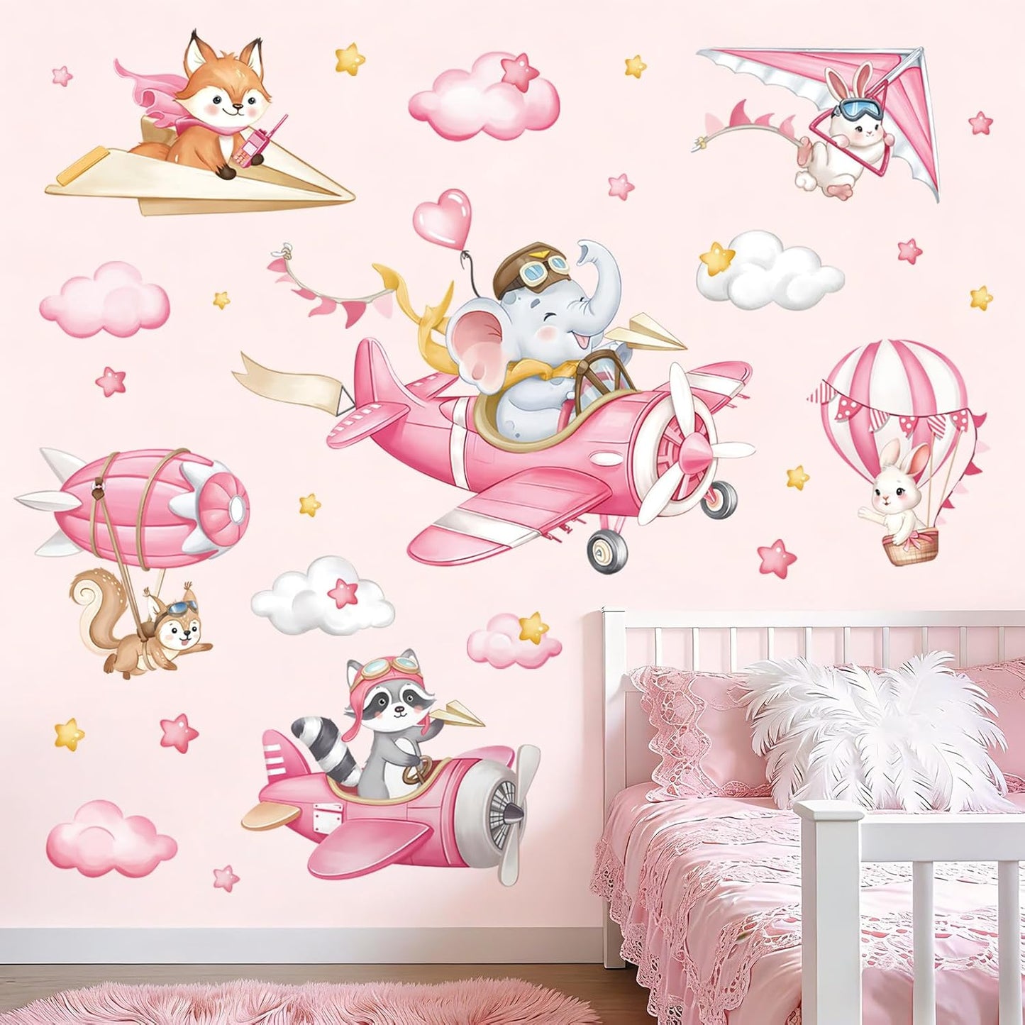 decalmile Pink Airplane Animals Wall Stickers Elephant Fox Rabbit Hot Air Ballon Wall Decals Baby Nursery Kids Bedroom Playroom Wall Decor