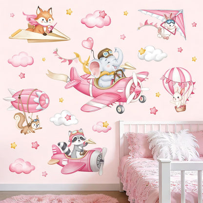 decalmile Pink Airplane Animals Wall Stickers Elephant Fox Rabbit Hot Air Ballon Wall Decals Baby Nursery Kids Bedroom Playroom Wall Decor