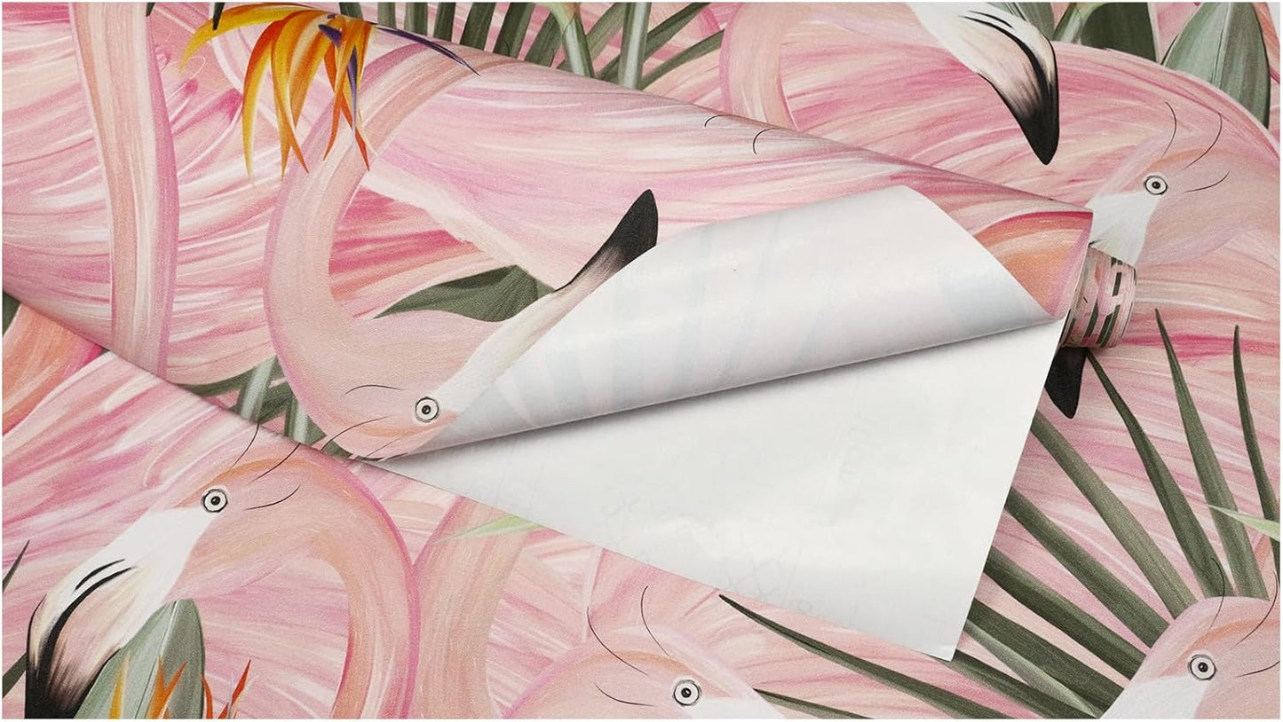 HAOKHOME Pink Wallpaper Peel and Stick Tropical Flamingos Removable Stick on Contact Paper for Bedroom Pink/Green/Orange 17.7in x 9.8ft