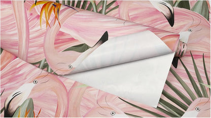 HAOKHOME Pink Wallpaper Peel and Stick Tropical Flamingos Removable Stick on Contact Paper for Bedroom Pink/Green/Orange 17.7in x 9.8ft