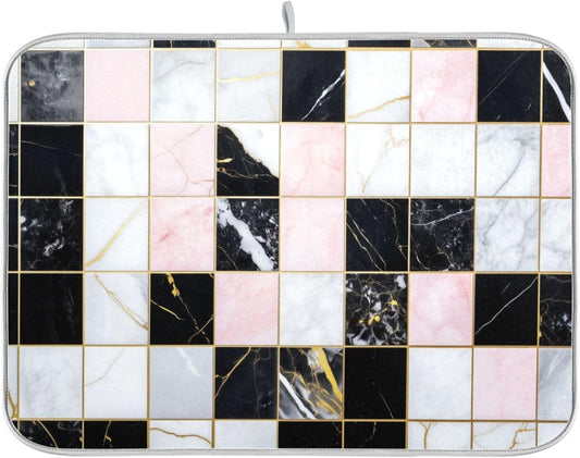 Black White Pink Checks Marble Absorbent Dish Drying Mat Microfiber Kitchen Countertop Table Protector Multipurpose Counter Rack Sink Drainer Pad(24" x 18")