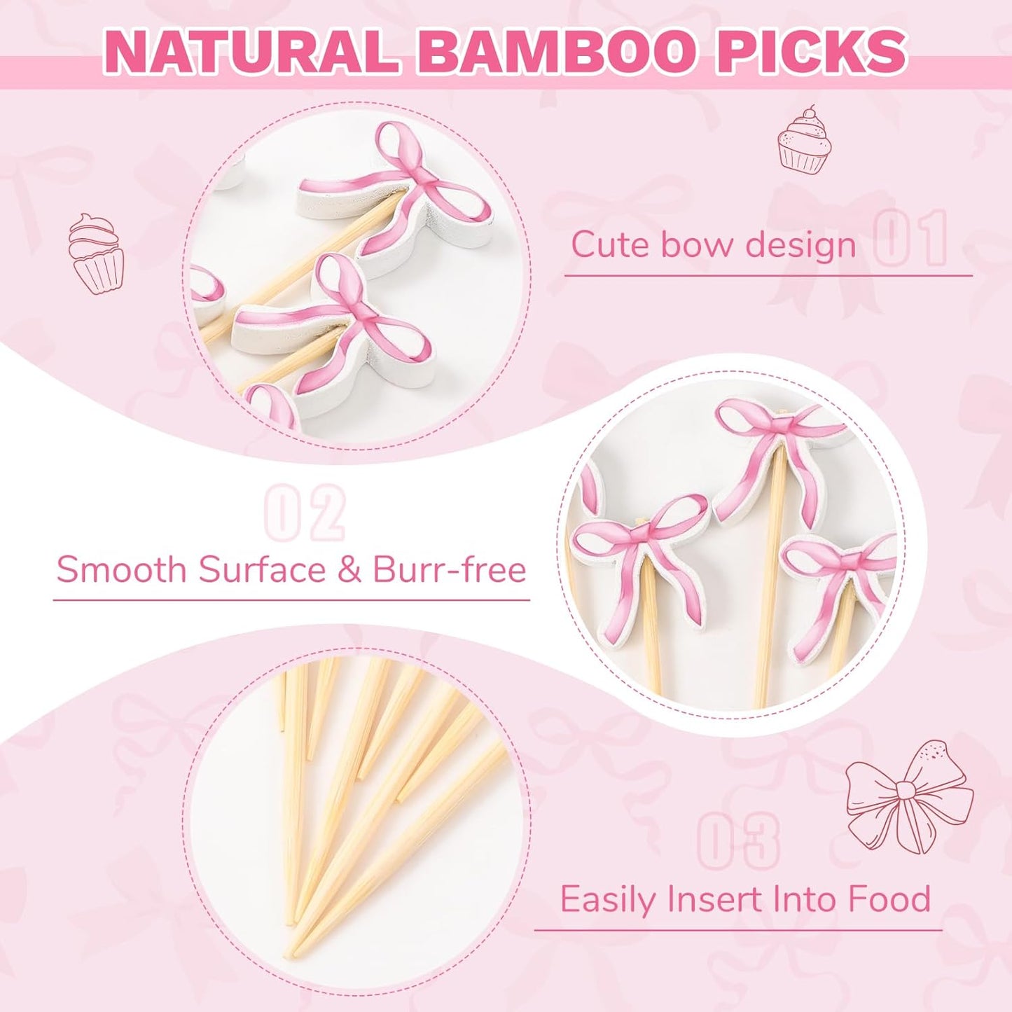 Chengu 200 Pcs Pink Bow Cocktail Picks Swizzle Stick Toothpicks 4.72 Inch Long Bamboo Cute Toothpicks for Appetizers Cupcake Drinks Coquette Birthday Bridal Wedding Baby Shower Bow Party Decoration