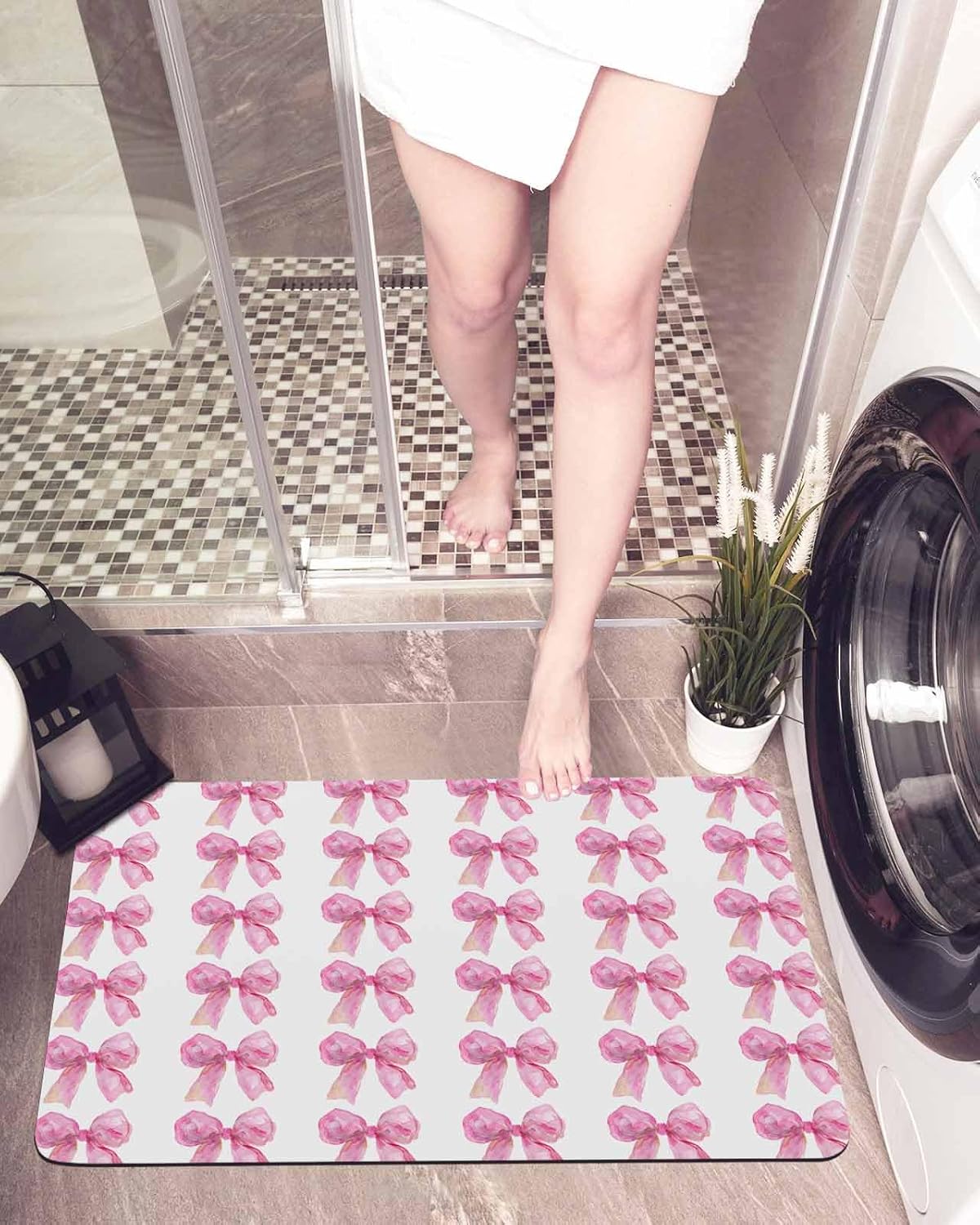 Bath Rugs,Spring Idyllic Pink Bow on White Absorbent Diatomaceous Earth Bath Mat Quick Drying Non Slip Washable Shower Mat 18x30IN,Watercolor Ribbon Doormat for Bathtub Kitchen Living Room