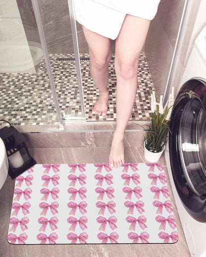 Bath Rugs,Spring Idyllic Pink Bow on White Absorbent Diatomaceous Earth Bath Mat Quick Drying Non Slip Washable Shower Mat 18x30IN,Watercolor Ribbon Doormat for Bathtub Kitchen Living Room