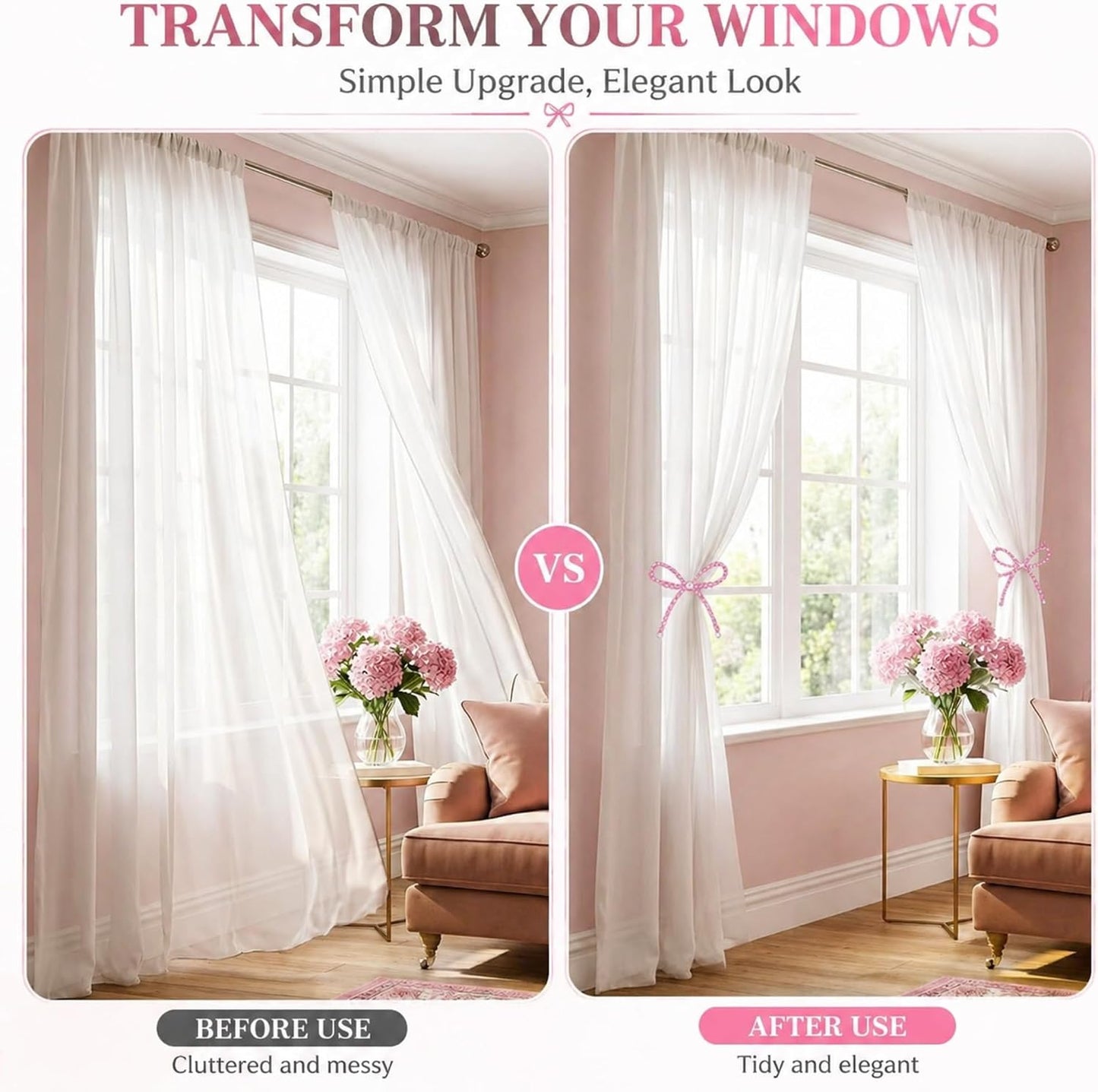 Novabright 2 Pack Pink Crystal Bow Magnetic Curtain Tiebacks Beaded Magnetic Decorative Curtain Holders and Holdback Clips No Drill Beaded Drapery Holdbacks for Bedroom & Coquette Room Decor