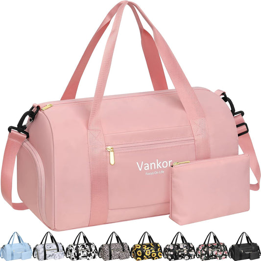 Vankor Small Gym Bag for Women with Shoe Compartment, Waterproof Sports Duffle Bag for Travel Carry on Duffel, Weekender Beach Yoga Workout Overnight Mommy Maternity Hospital Bag Pink 17.5 inches