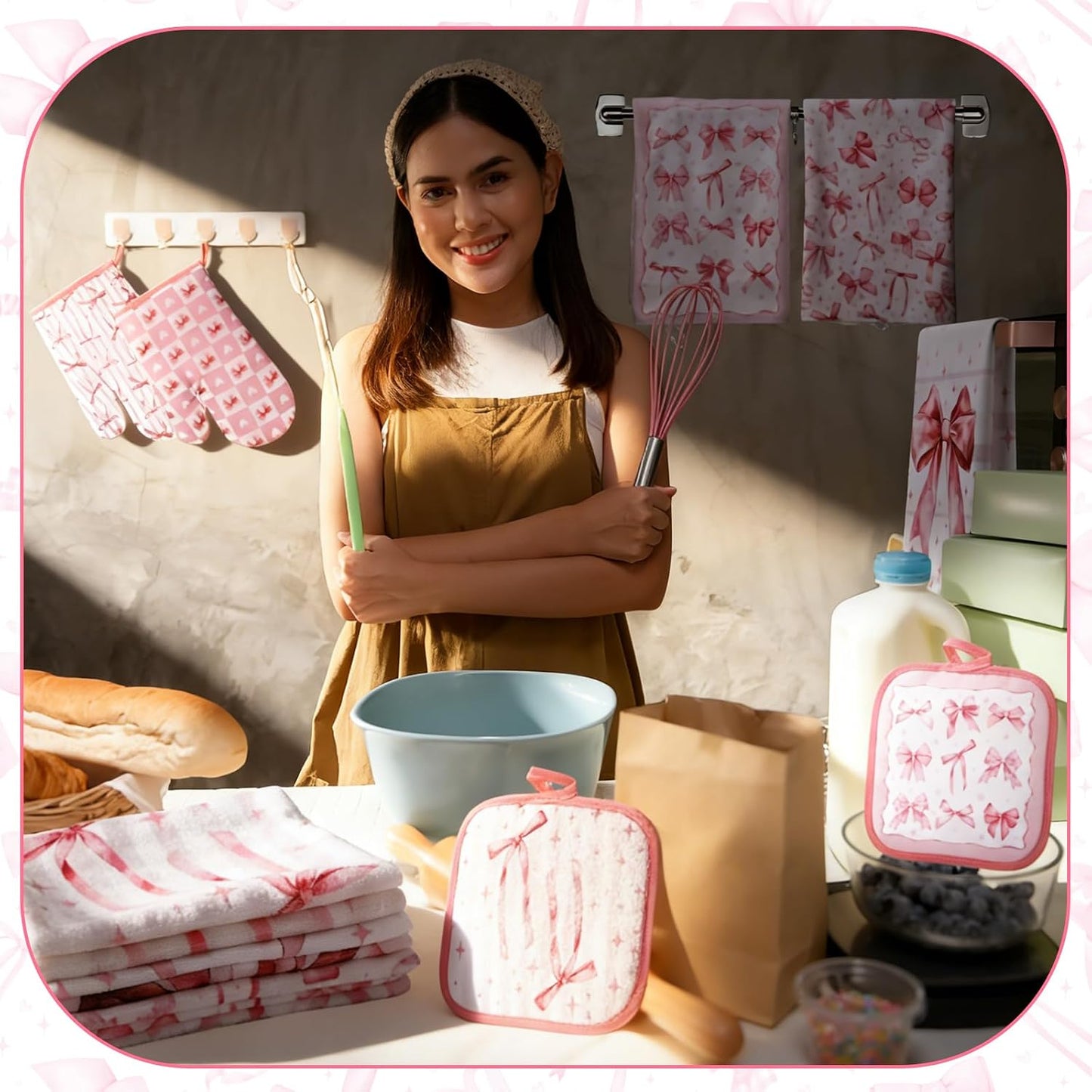 SiliFine 12 Pcs Pink Kitchen Accessories Set Bows Pot Holders Oven Mitts and Kitchen Towels Coquette Potholders Cooking Mittens Oven Glove for Home Baking Cooking Supply Gifts