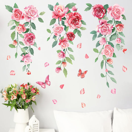 Mfault Spring Summer Rose Flower Wall Decals Stickers, Watercolor Pink Floral Butterfly Decorations Bedroom Art, Romantic Botanical Petal Home Living Room Kitchen Decor
