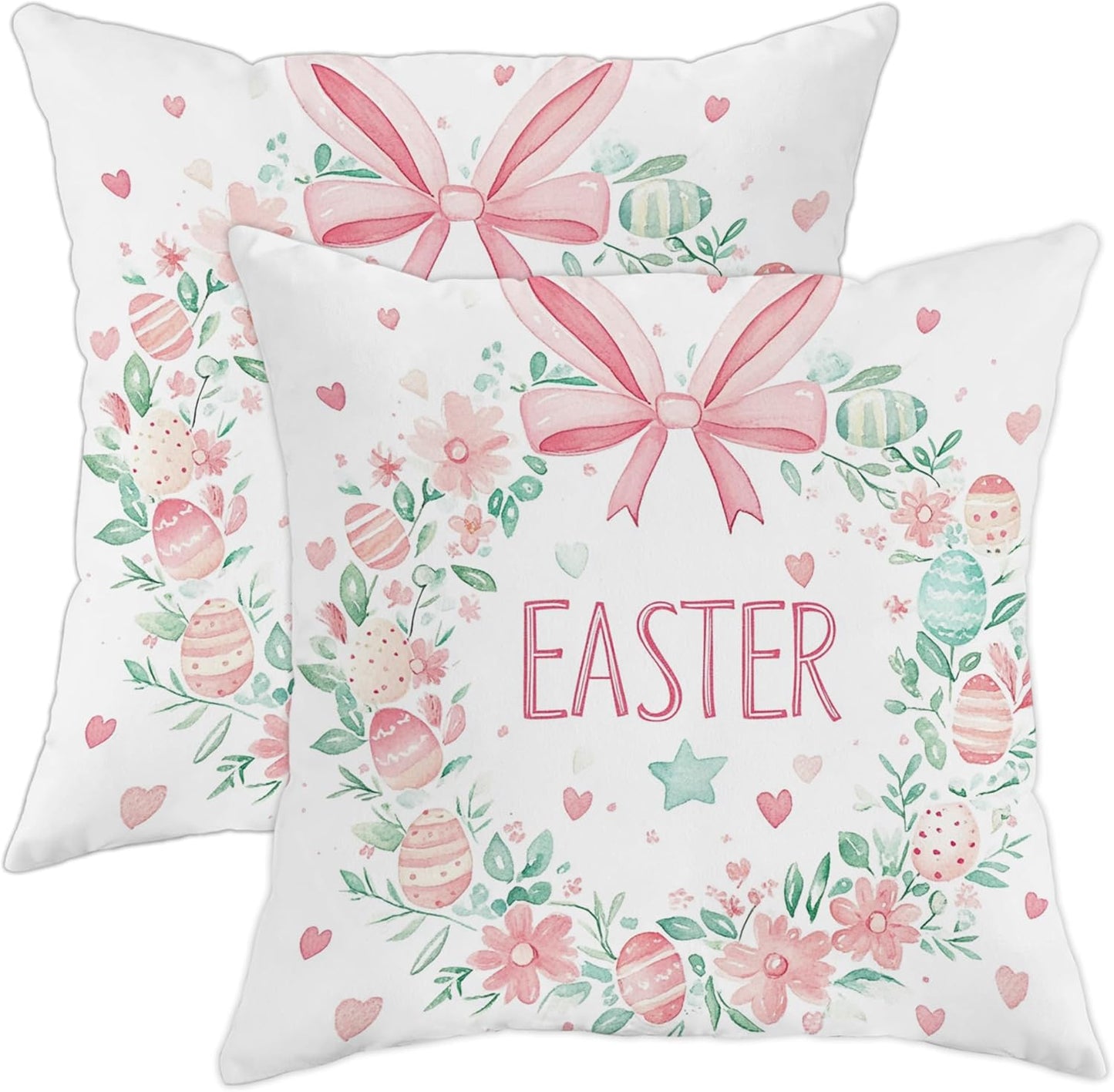Easter Pillow Covers Set of 2, Pastel Peach Floral Wreath Decorative Throw Cushion Covers, Spring Festival Home Sofa Bed Decor, Cute Egg and Bow Design 20x20 Inch