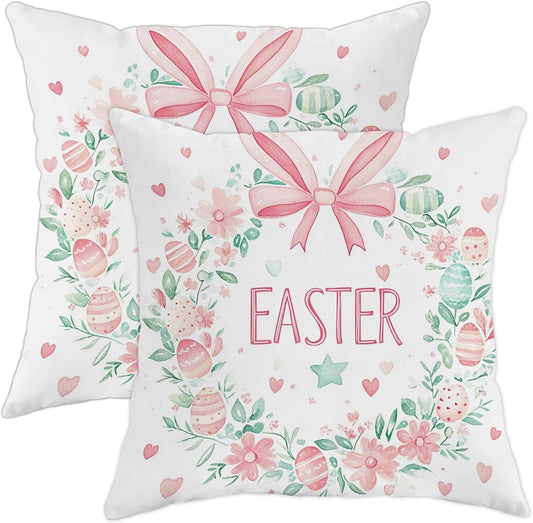 Easter Pillow Covers Set of 2, Pastel Peach Floral Wreath Decorative Throw Cushion Covers, Spring Festival Home Sofa Bed Decor, Cute Egg and Bow Design 20x20 Inch