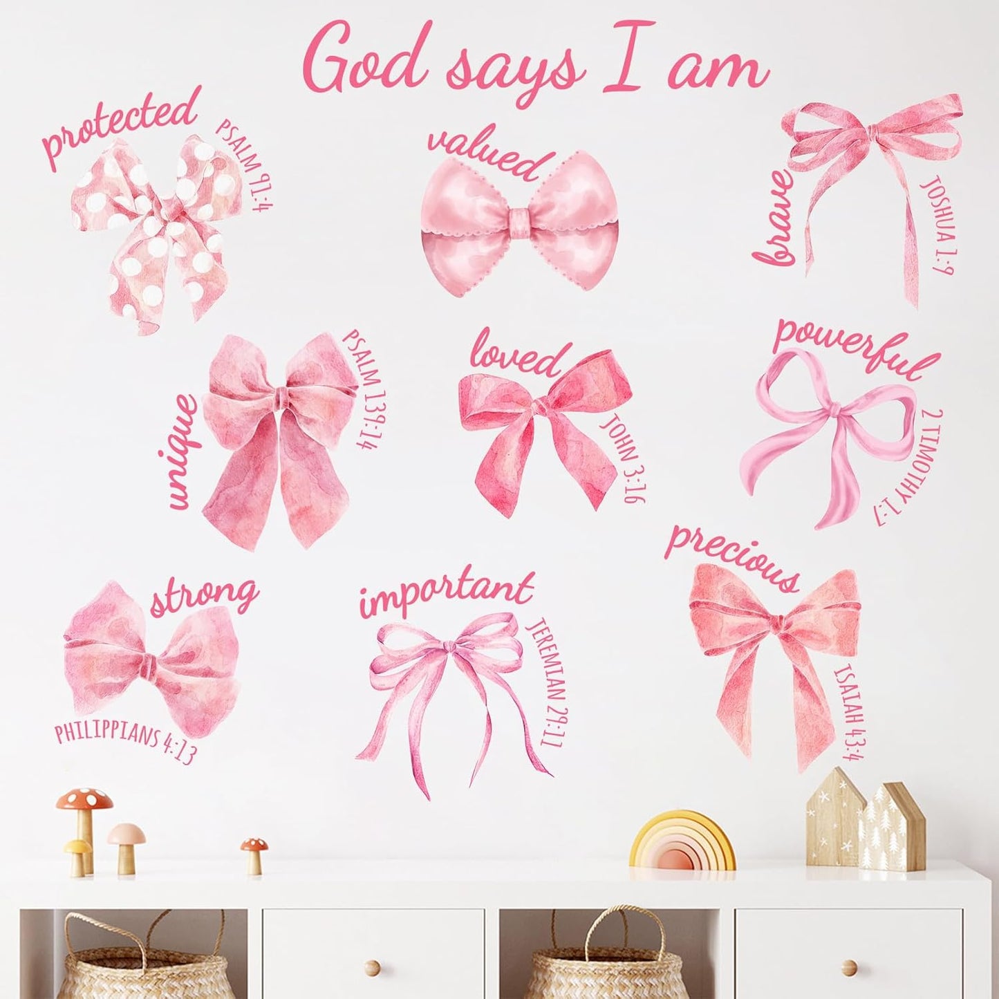 Mfault Christian Pink Bow Wall Decals Stickers, Inspirational Religious Bible Verse God Says I am Strong Girls Women Teens Room Decoration, Coquette Trendy Knot Valentines Day Girls Party Decor