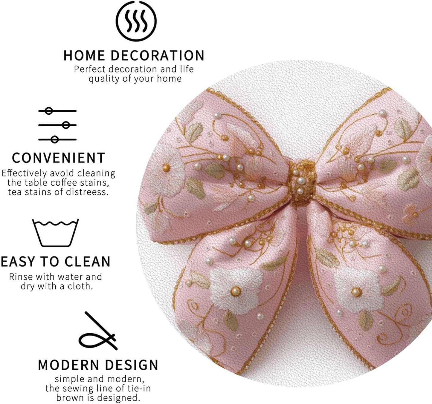 Light Pastel Pink Bow Balloon Embroidered Floral Drinks Coasters Set of 4 Leather Drink Coasters for Tabletop Protection Heat Resistant Bar Cup Mat Pad