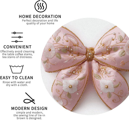 Light Pastel Pink Bow Balloon Embroidered Floral Drinks Coasters Set of 4 Leather Drink Coasters for Tabletop Protection Heat Resistant Bar Cup Mat Pad
