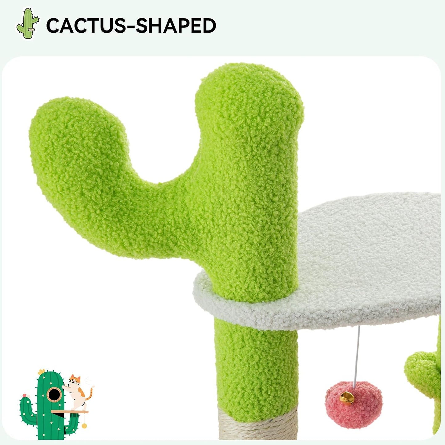 YITAHOME Cactus Cat Tree: 36 in Cats Tower for Indoor Kittens with 2 Platforms, Scratching Post, Spring Ball, Hanging Ball, Hanging Basket, Green & Pink