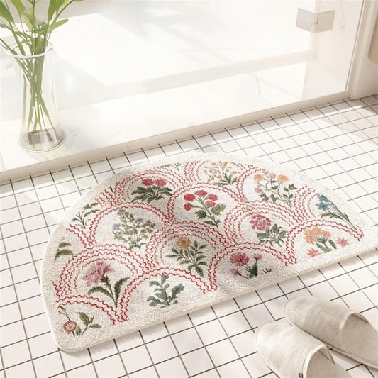 Lifup Half Circle Bath Mat Non-Slip, Boho Floral Print Soft Fluffy Absorbent Microfiber Bathroom Rug Quick Dry Machine Washable Carpet for Bathroom Floor, Bedroom Home Decor Pink 12" x 20"
