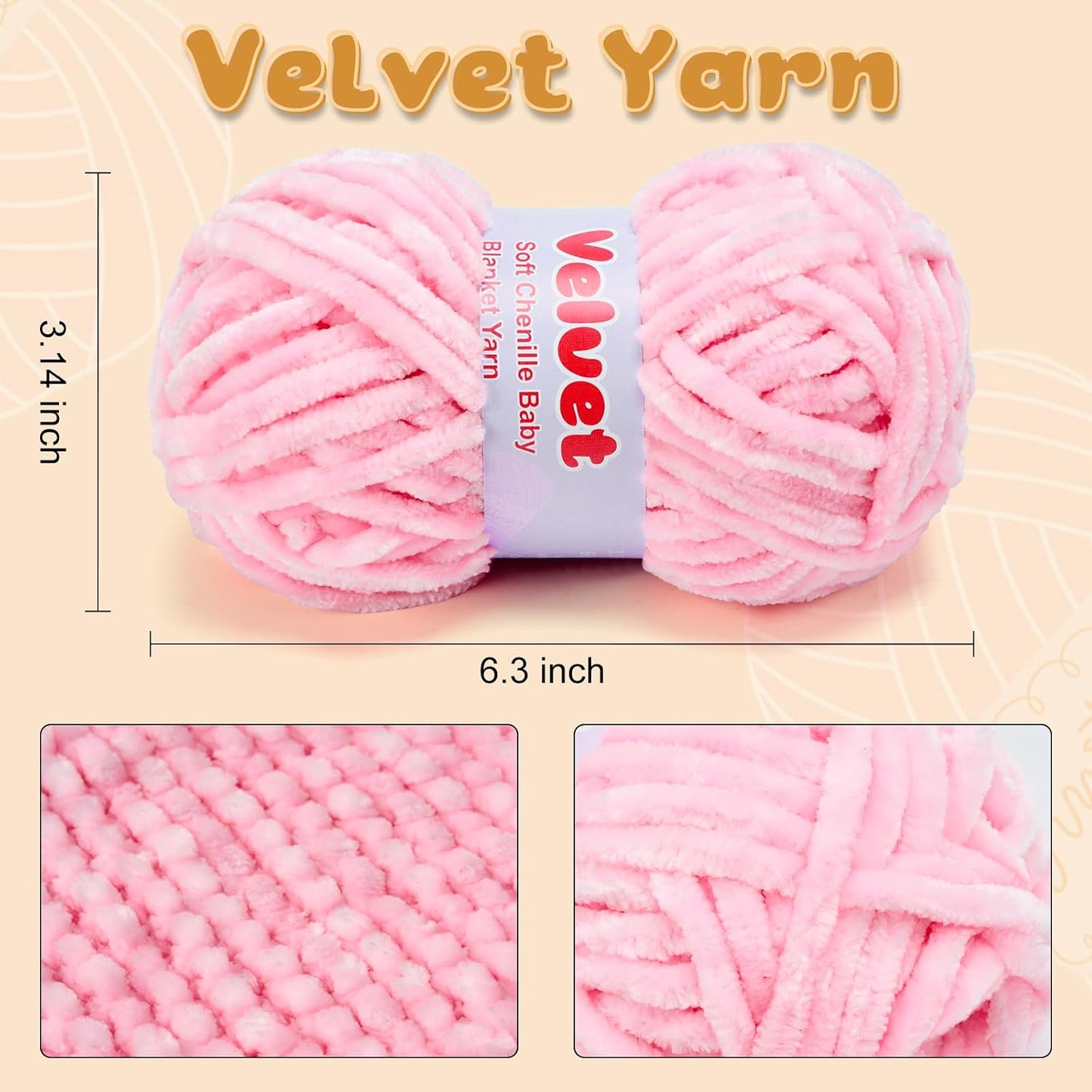 Soft Velvet Chenille Yarn for Crocheting & Knitting - Bulky Yarn for DIY Weaving Crafts 3 Skeins Pink (3.5oz 66yds/Skein)