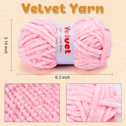 Soft Velvet Chenille Yarn for Crocheting & Knitting - Bulky Yarn for DIY Weaving Crafts 3 Skeins Pink (3.5oz 66yds/Skein)