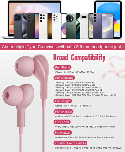 USB C Headphones for iPhone17 16 Pro Max 15 Plus iPad Pro Samsung Galaxy S24 S23 Ultra S26 S25 S22 S21 Wired Earbuds Magnetic in-Ear Type C Earphone with Microphone Volume Control HiFi Stereo Pink