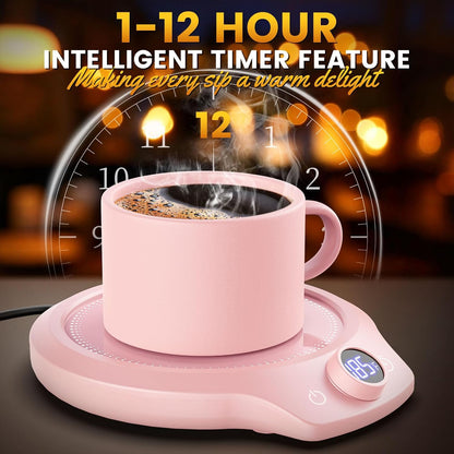Fast Heating Mug Warmer - 4 Temp Settings & 1-12H Timer, Coffee Cup Warmer Plate for Desk Auto Shut Off, Ideal Beverage Warmer Gift for Coffee, Tea, Milk (Pink)