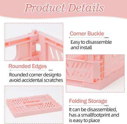 4-Pack Pink Baskets Plastic Storage Crate Small Baskets for Organizing Collapsible Storage Crates for Desk Organizers,Stackable Cute Storage Bins for Classroom,Office,Bathroom 5.9"x 3.9" x 2.3"