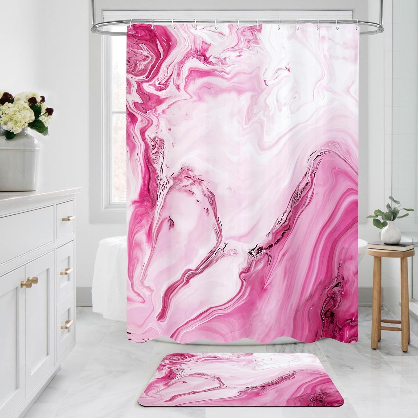 MitoVilla Pink Marble Bathroom Rug, Modern Abstract Non Slip, Absorbent Shower Floor Mat, Washable Carpet Floor Mat, 17" x 24"