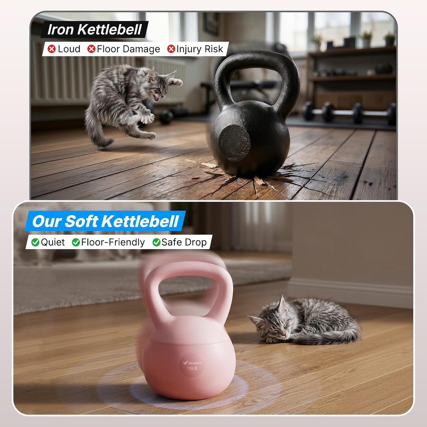 MERACH Soft Kettlebells, Strength Training Kettlebell with Wide Non-Slip Handle, Sea and Iron Sand Filled Kettle Bell with Soft-Sided Cushioned Base for Home Workouts, Ideal for Men, Women(15lb Pink/25lb Blue)