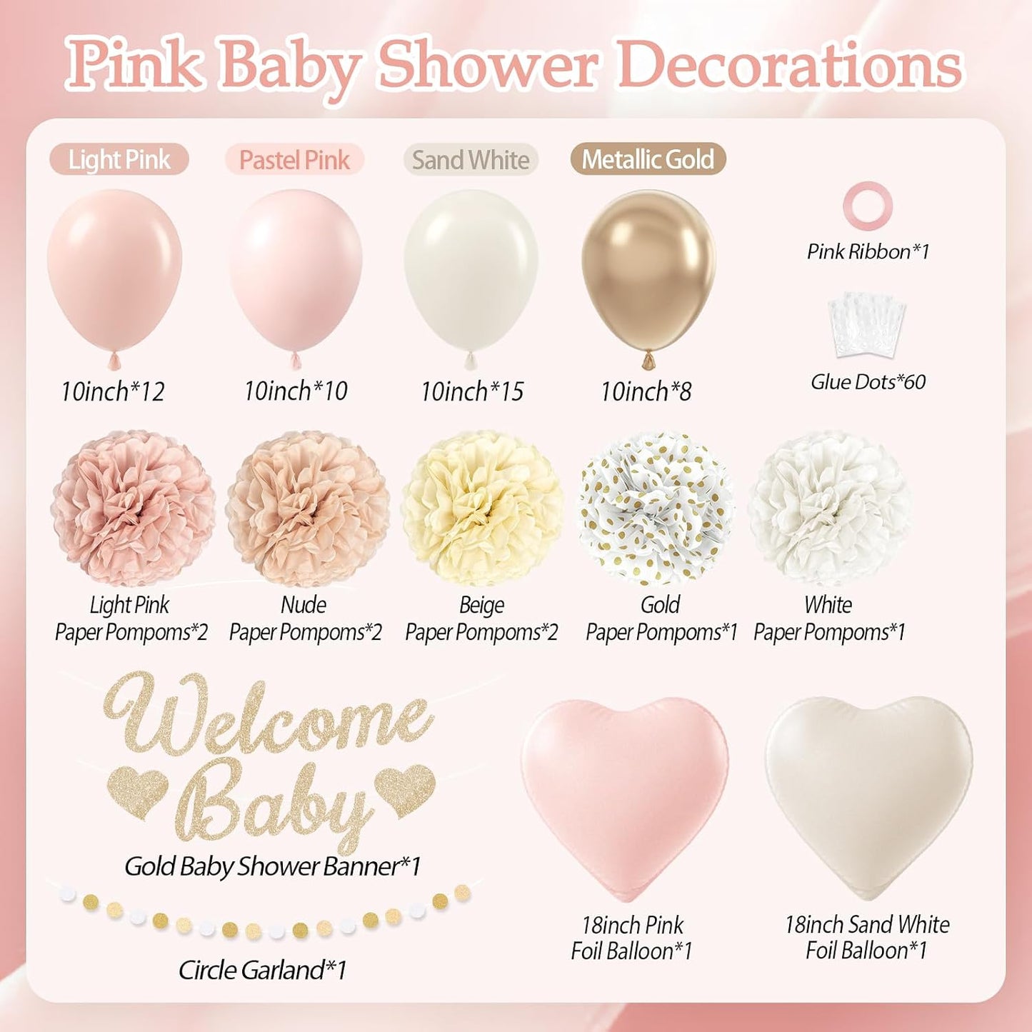 Pink Baby Shower Decorations with Light Pink Nude Beige White Gold Paper Pompoms Sand White Metallic Gold Balloons Banner for Boho Neutral Baby Shower Decorations