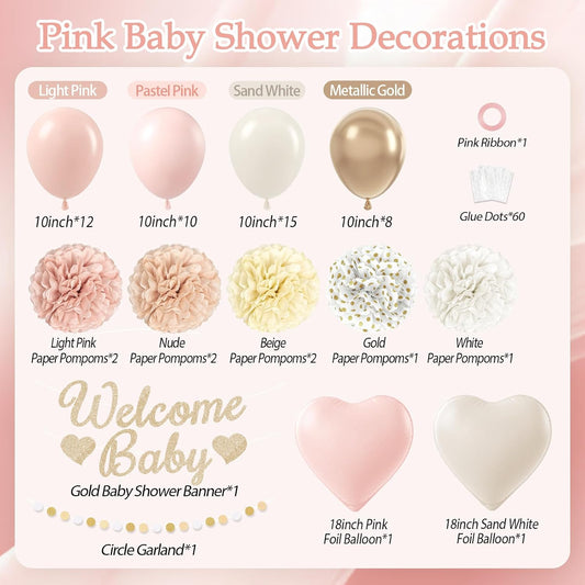 Pink Baby Shower Decorations with Light Pink Nude Beige White Gold Paper Pompoms Sand White Metallic Gold Balloons Banner for Boho Neutral Baby Shower Decorations