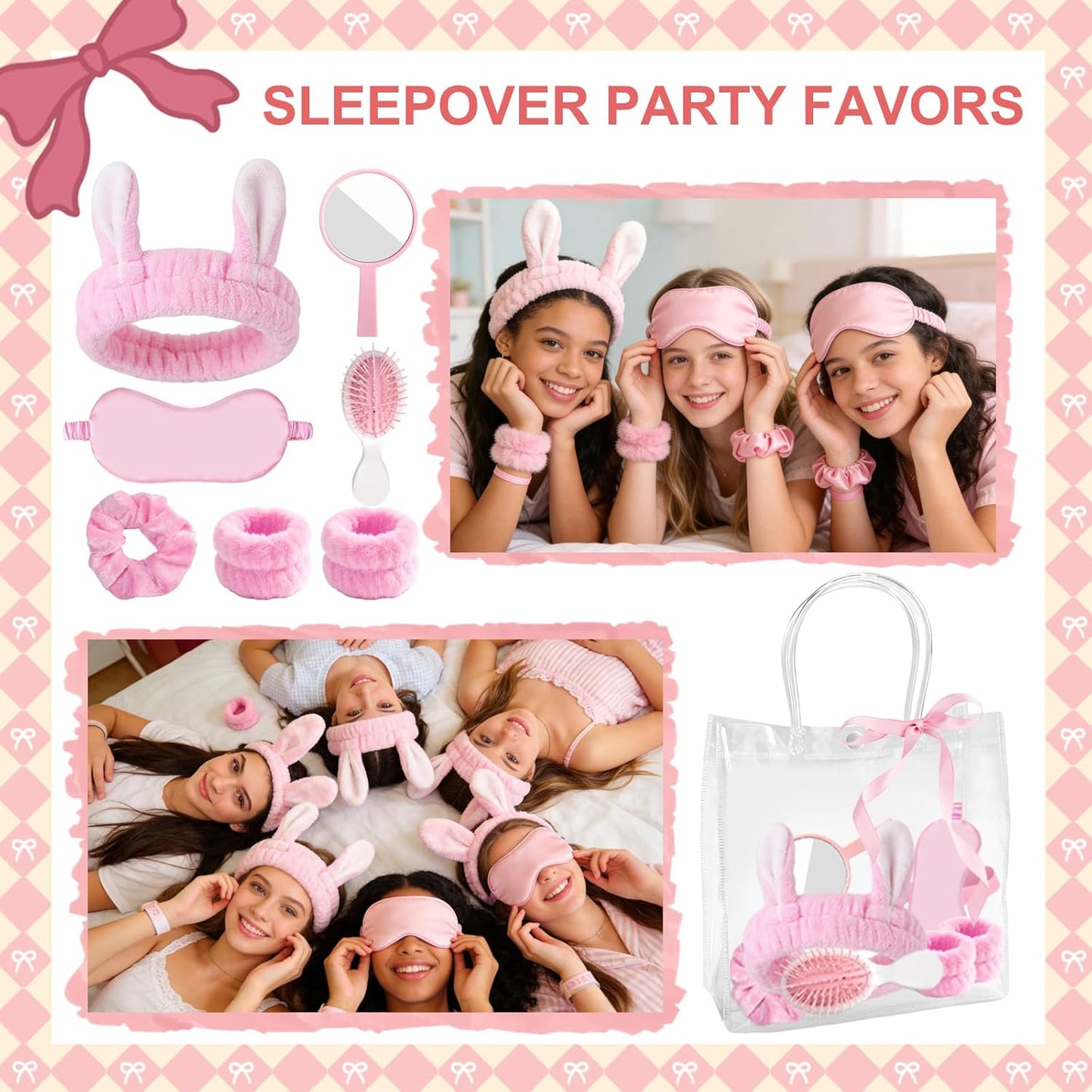 65 Pcs Pink Spa Party Supplies for Girls and Women with Gift Bags, Headband Eye Mask Mirrors Wristband Scrunchie Comb, Sleep Over Party Favors, Birthday Sleepover Slumber Day Essentials Kit
