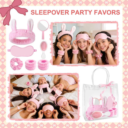 65 Pcs Pink Spa Party Supplies for Girls and Women with Gift Bags, Headband Eye Mask Mirrors Wristband Scrunchie Comb, Sleep Over Party Favors, Birthday Sleepover Slumber Day Essentials Kit