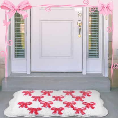 Tinideya 2 Pcs Pink Bow Rugs Non Slip Coquette Mats 17.2 x 29.3 Inch Pink Scalloped Bathroom Coquette Rugs Microfiber Absorbent Wedding Bow Bath Mat Bathroom Decor for Door Kitchen Bedroom Living Home