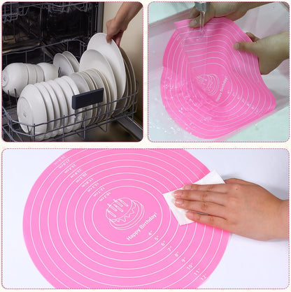 2 PCS 12 Inch Silicone Cake Mat, Pink Round Baking Mat with Measurements Reusable Cake Turntable Mat Non-Stick Heat Resistant Pastry Mats for Rolling Out Dough Cake Pizza Cookies
