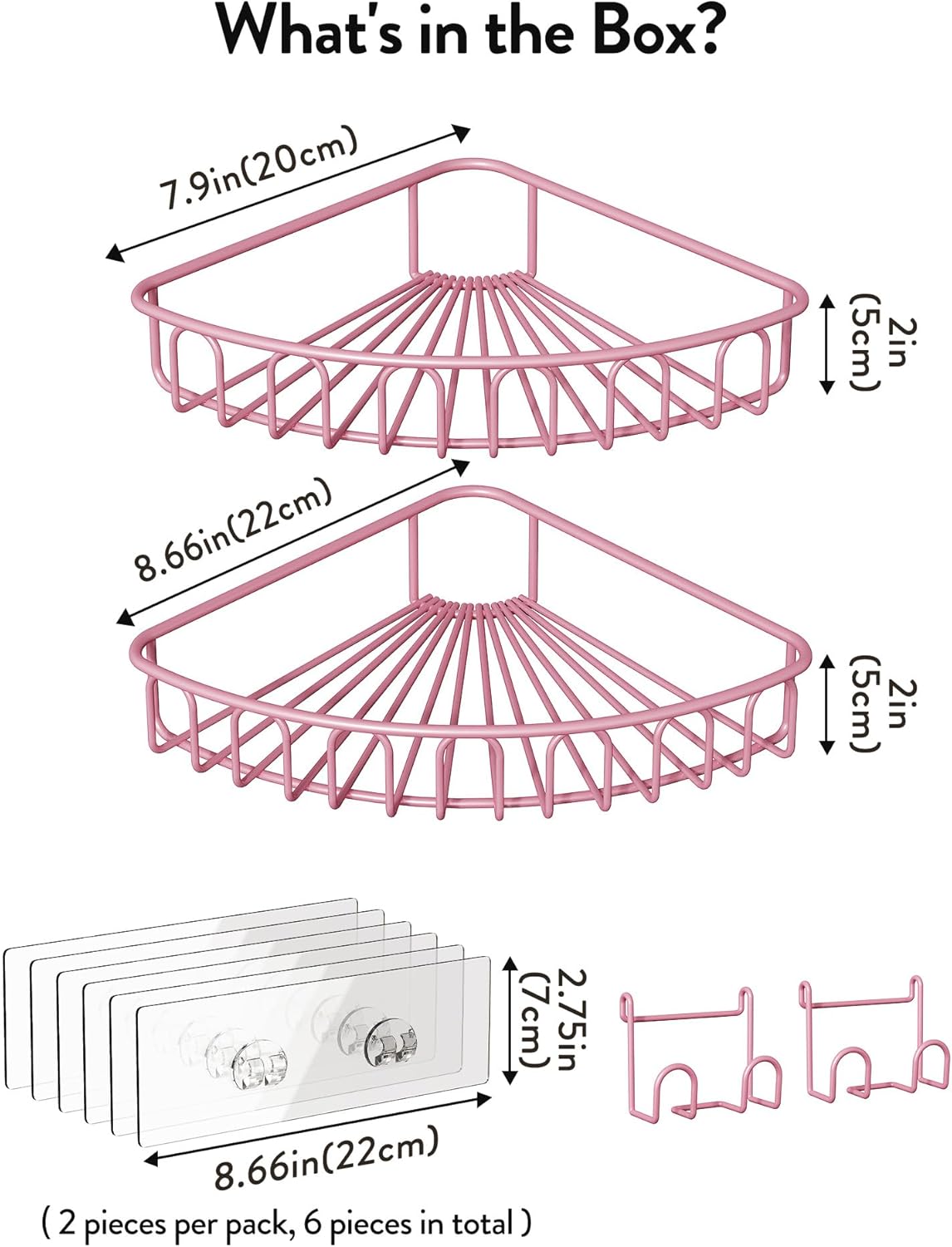 Orimade Corner Shower Caddy with 2 Hooks Wall Mounted Metal Bathroom Shelf Storage Organizer Adhesive No Drilling 2 Pack, Pink Only for 90-Degree Corner