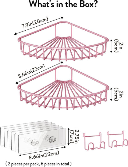 Orimade Corner Shower Caddy with 2 Hooks Wall Mounted Metal Bathroom Shelf Storage Organizer Adhesive No Drilling 2 Pack, Pink Only for 90-Degree Corner