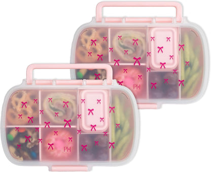 Paris Hilton 2-Pack Bento Style Snack Boxes, 7-Compartment Lunch Containers with Built-In Phone Stand, Removable Dividers and Dip Containers, Pink Bow Print