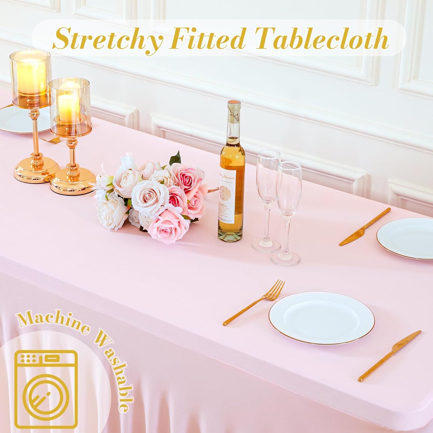 2 Pack Pink Table Cloth for 6 Foot Rectangle Tables Spandex Fitted Tablecloth 6ft Stretch Table Covers Skirt Pink Banquet Tablecloths Wrinkle Free Tablecloth for Party Wedding Birthday Event