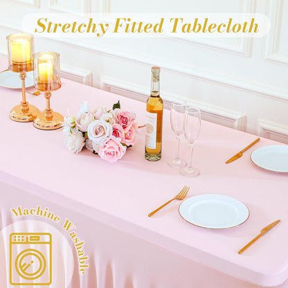 2 Pack Pink Table Cloth for 6 Foot Rectangle Tables Spandex Fitted Tablecloth 6ft Stretch Table Covers Skirt Pink Banquet Tablecloths Wrinkle Free Tablecloth for Party Wedding Birthday Event