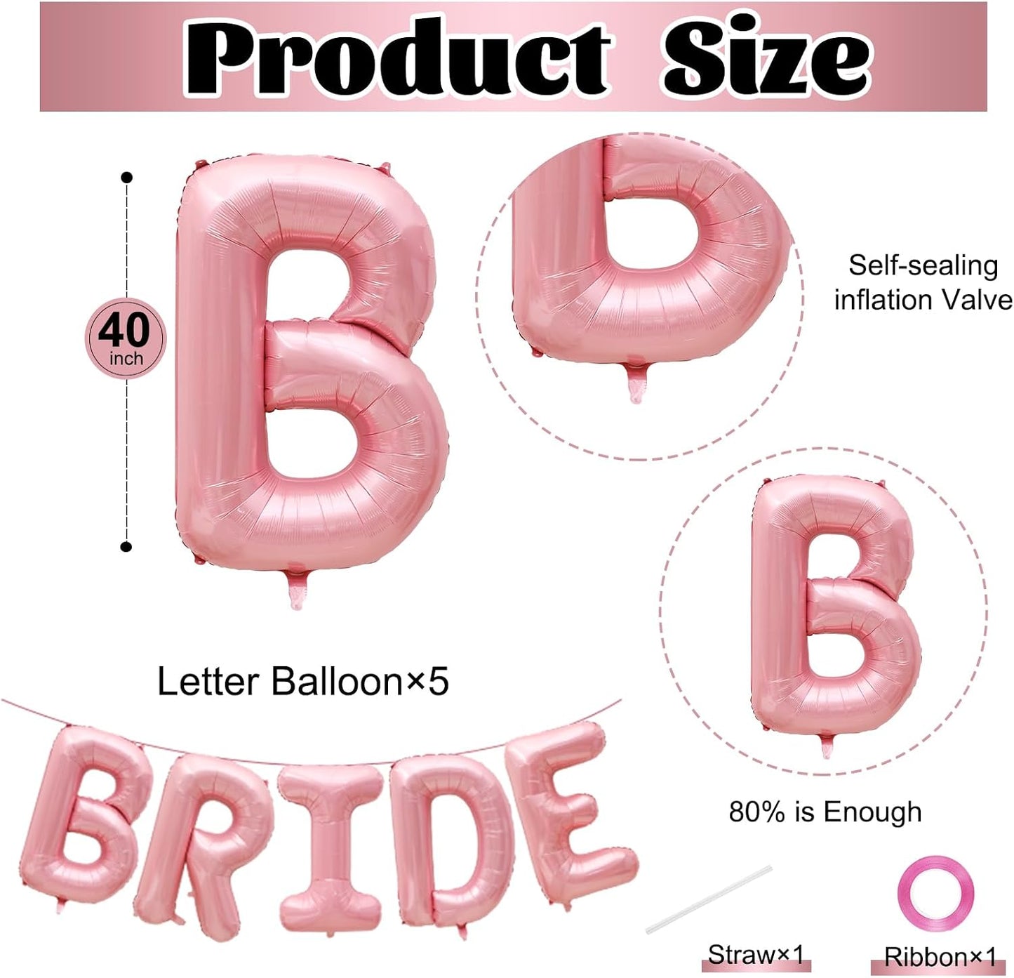 40 Inch Pink BRIDE Balloon for Bachelorette Party Decorations, Large Light Pink Foil BRIDE Letter Balloons Sign for Bridal Shower Wedding Engagement Bride To Be Party Favors Decor