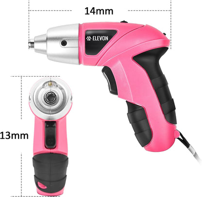 ELEVON 27pc Electric Screwdriver Pink Tool Set, Cordless Power Screwdriver with Drill Set, Hand Drill Screw Gun with Drill Kit, LED Light, Rechargeable Lightweight Portable Pink Drill